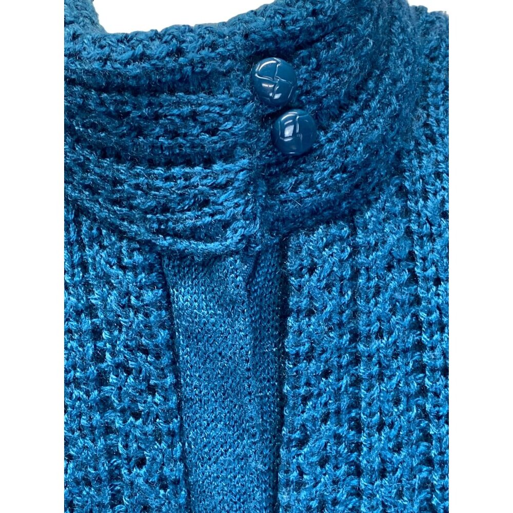 Vintage 70's Retro Knit Jacket Puff Sleeves Mock Neck Scoop Teal Blue Large - Picture 5 of 8
